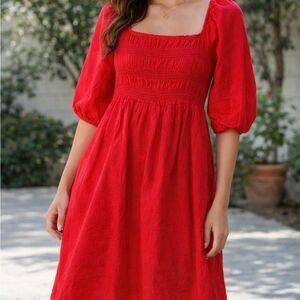 Isabel red Smocked Square-Neck Midi Dress with Puff Sleeves
